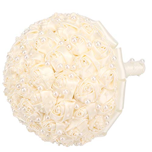 Ramo de novia para ceremonia de boda con perlas artificiales y cinta decorativa 6
