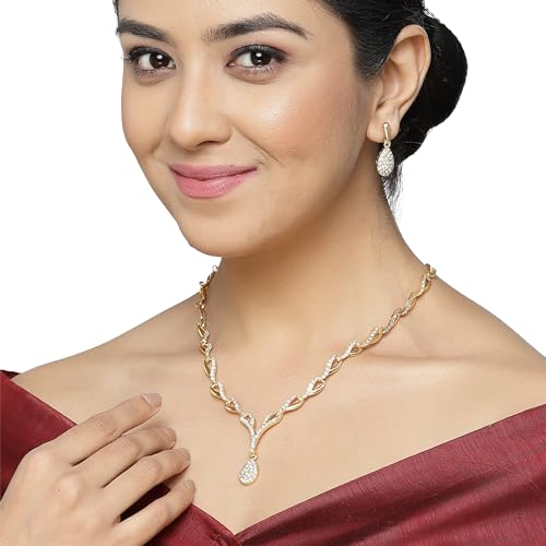 Image of ZENEME Oxidised Silver-Plated Cubic Zirconia Studded Teardrop Shaped Necklace With Earrings Jewellery Set For Girls and Women