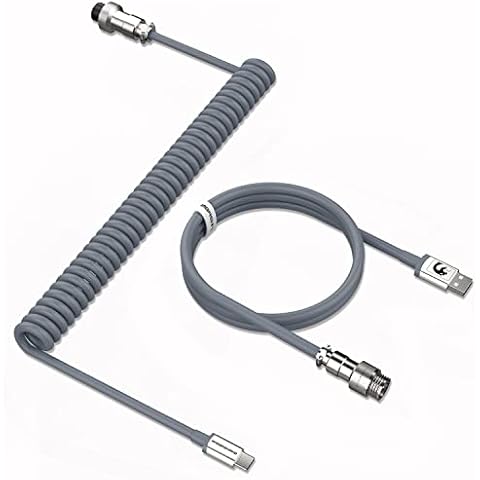 MAMBASNAKE C01 Coiled Keyboard Cable, Pro Custom USB-C Aviator Cable for Mechanical Keyboard, Type-C to USB-A, TPU Spring Cable with Detachable Metal Aviation Connector for PC Gaming Keyboard-Grey Cover