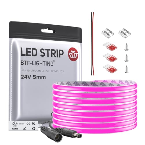 Image of BTF-LIGHTING FCOB COB LED Strip Purple Color 5mm Width UL Listed Super Narrow Flexible Uniform Light DC24V 16.4FT CRI 90+ Dimmable LED Ribbon for Bedroom Home Indoor Decor(No Adapter or Controller)