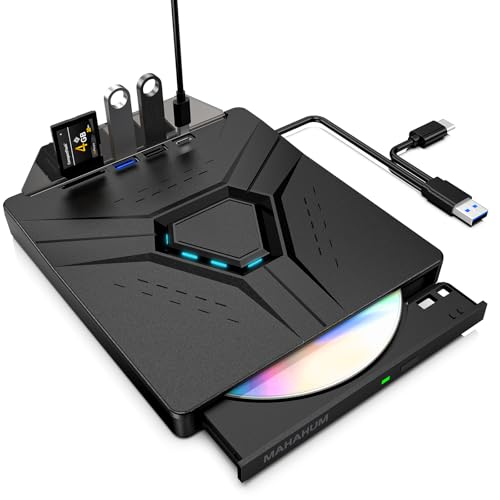 MAHAHUM External CD/DVD Drive for Laptop,7-in-1 Plug & Play USB DVD Drive DVD Player Portable CD Burner External Disk Drive Compatible with Desktop PC Windows 11/10/8 Linux Mac OS Mac MacBook Pro/Air