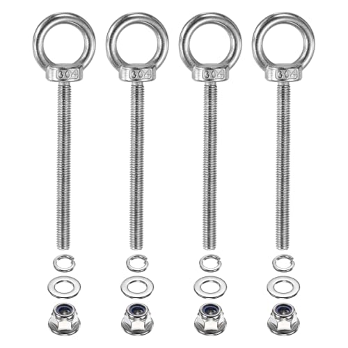Image of PATIKIL M6 x 70mm Shoulder Eye Bolt, 4 Pcs 304 Stainless Steel Lifting Ring Threaded Eye Bolt with Flange Lock Nuts Spring and Flat Washers for Hanging Tie Down Straps Outdoor Indoor