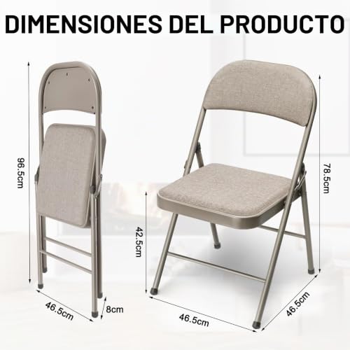 Miniatura 3 de Juego De 4 Sillas Plegables Jardín, Sillas Terraza Exterior Y Camping, Portátil Sillas Apilables Para Comedor, Cocina, Balcón, Restaurantes, Silla Jardín Con Cojín De Tela Y Marco De Acero Caqui