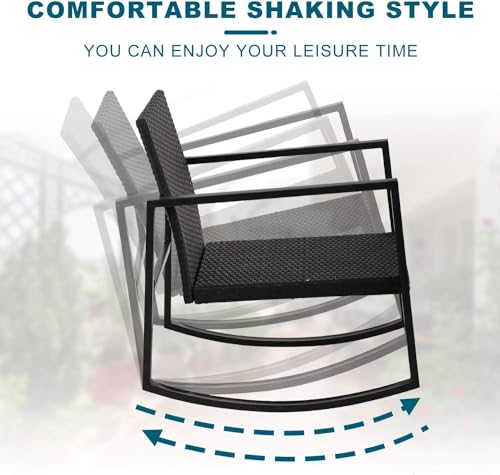 3 Pieces Bistro Table Set Outdoor Rattan Wicker Chair Rocking Chair Wicker Patio Furniture Sets Garden Conversation Set with Coffee Table for Porch,Lawn, Balcony,Backyard(Black) - Image 3