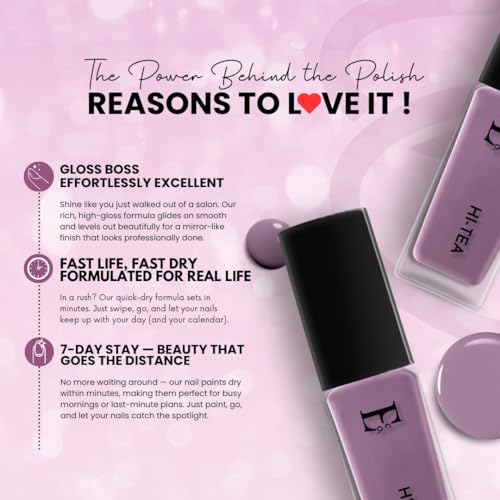 Image of Ellement Hi-Tea Nail Polish 10 ML | Soft Mauve Purple Nail Colour | High Gloss Salon Finish | Quick Dry Smooth Application | Long Lasting Chip Resistant Wear | Vegan Nail Paint for Everyday Modern Styling