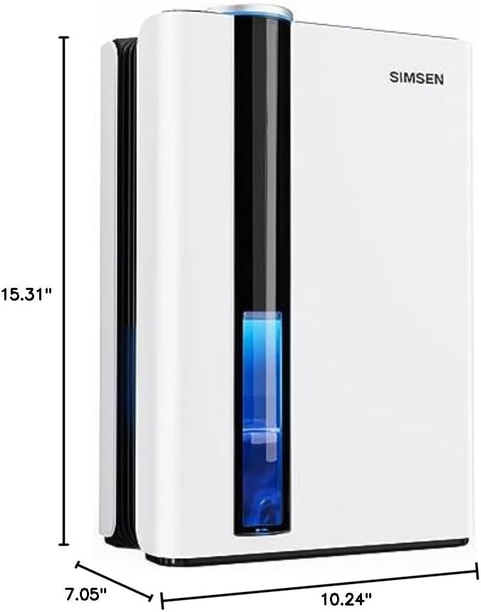 Dimensions of the SIMSEN CT15 Dehumidifier: 7.05 inches deep, 10.24 inches wide, 15.31 inches high