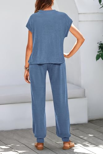 BTFBM Women's Two Piece Tracksuit Outfits Summer Short Sleeve Tops Long Pants Jogger Lounge Matching Sets Sweatsuit(Grey Blue,Small) — view 4