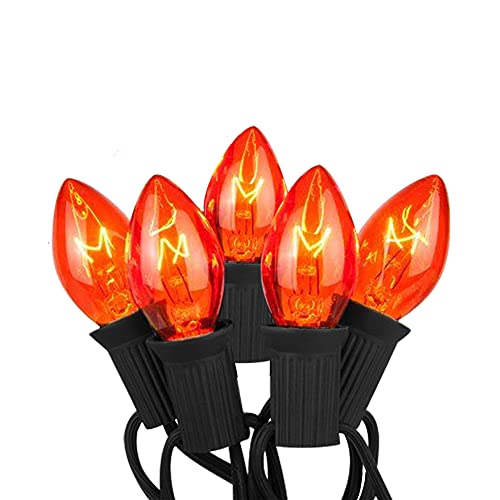 Image of GOOTHY Halloween Orange String Lights Outdoor, 25Ft C7 Halloween Decorations Lights with 27 Clear Orange Bulbs (2 Spare), Waterproof Vintage Christmas Lights for Patio Party Holiday Garden- Black