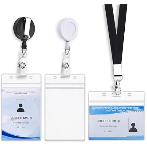Mcyye 3 Pack Id Card Name Badge Holders Retractable Clip, Premium Badge Reel with 24 inches Pull Cord, Vertical & Horizontal Clear Id Card Protector with Black Lanyard, No Paper Card, Combine Freely Cover