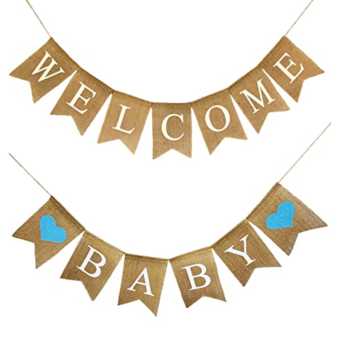 Shimmer Anna Shine Willkommen Baby Jute-Banner für Babyparty-Dekorationen und Gender Reveal Party (blaue Herzen) Cover