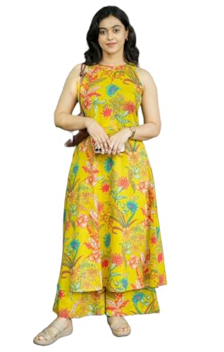 Image of Klosia Women Pure Cotton Kurta Palazzo Set | Sleeveless Printed Kurta with Palazzo Pants | Summer Friendly, Office Wear Co-Ord Set