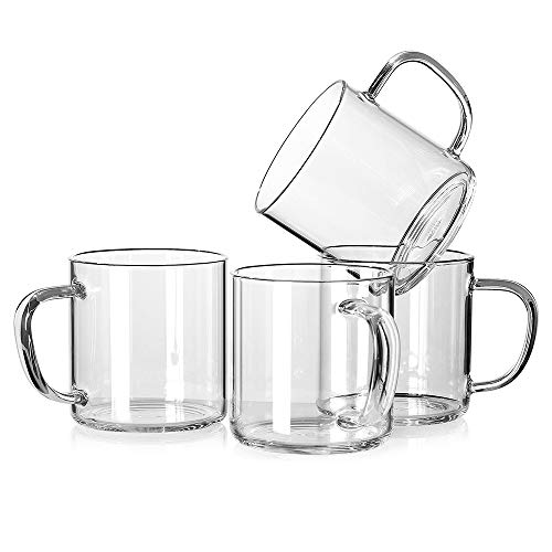 LUXU Glass Coffee Mugs Set of 4,Large Wide Mouth Mocha Hot Beverage Mugs(14oz),Clear