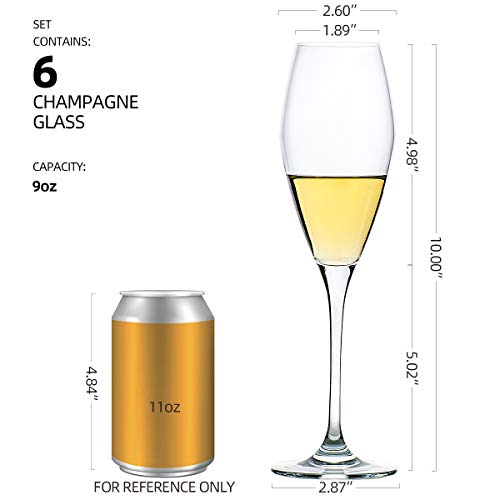 Fawles Champagne Flutes Set Of 6, Crystal Glass, 9 Oz Champagne Glasses, Prosecco Sparkling Wine Glasses Set #TOP1