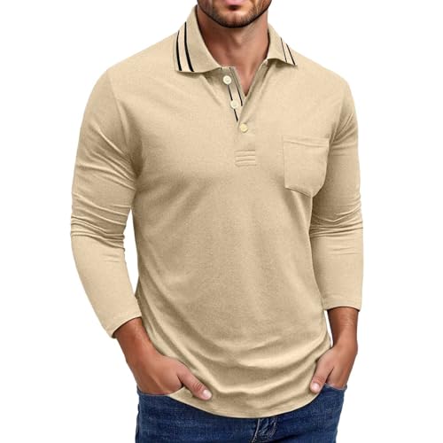 Generisch Polo para hombre con botones y cuello alto con bolsillos, camiseta de golf de tenis aireada, corte regular, camiseta de manga larga, camiseta básica de ocio, color puro, ropa deportiva