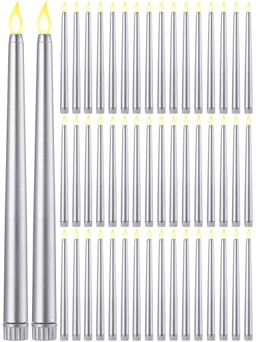 Image of Funtery 48 Pcs Flameless LED Taper Candles Battery Operated Candles Bulk Realistic LED Candlesticks Flickering for Wedding Church Party Home Decor(Silver,11 Inch,Classic Style)