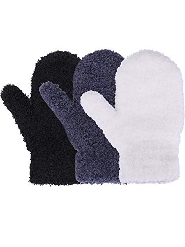 Satinior 3 Pairs Toddler Magic Stretch Mittens Little Girls Soft Knit Mitten Baby Boys Winter Knitted Gloves (Black, Dark Gray and White, 5-10 Years Size)