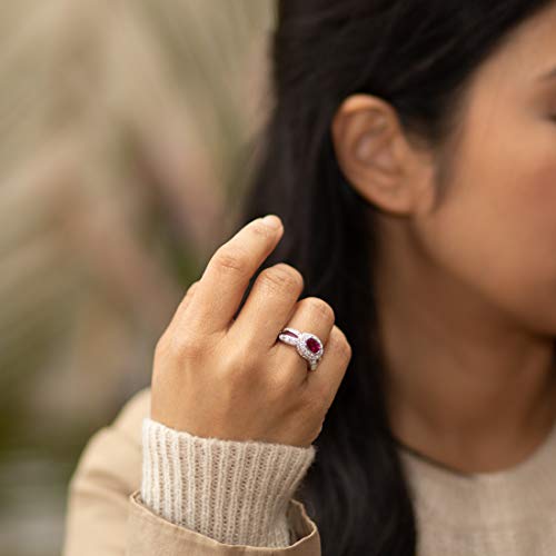 PEORA Created Ruby Ring in Sterling Silver, Vintage Halo Design, Oval Shape, 7x5mm, 1 Carat total, Comfort Fit, Sizes 5 to 92