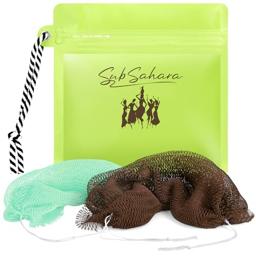 SubSahara African Net Sponge Authentic - 2 Pieces Exfoliating Scrubber for All Skin Types, Ideal for Face & Body Daily Use, Durable, Gentle Exfoliation (Green & Brown)