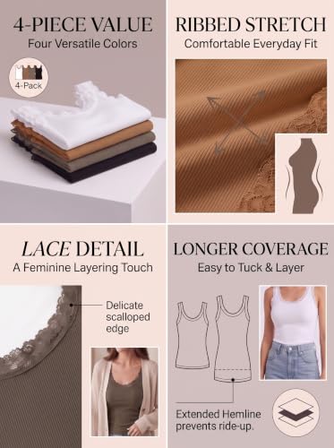 Image of Lasnten 4 Pieces Lace Camisole Tank Tops for Women Ribbed Cami Top Lacework Undershirt Patchwork Tank Lace Trim Cami(Medium,Black, White, Chocolate, Coffee)