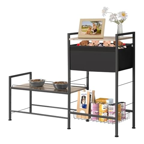 Tuenort Raised Dog Bowl Stand with Storage Shelf for Dog Accessories, Lifted Dog Bowl Holder with Dog Food Dog Toy Bin Basket for Medium Small Dogs, Height Adjustable Cover