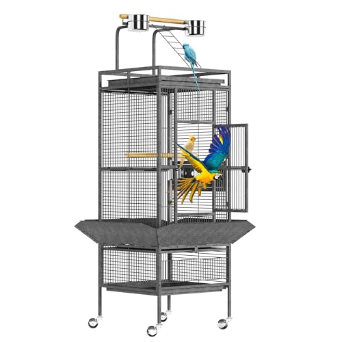 61" Tall Bird Cage - Large Bird Cage with Rolling Stand, Extra Wide Metal Parrot Cage with Play Top & Bowls, Flight Birds House for Macaws, Cockatoos,