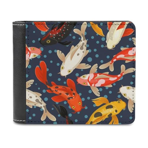 Koi Carp Pattern Japan Style Bifold Wallet for Men Women PU Leather Slim Purse Pocket Wallet with Card Holder for Office Travel