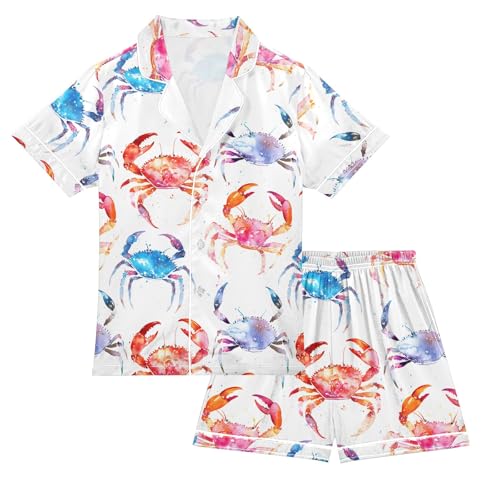 Colorful Crab Vintage Prints Summer Satin Pajama Set, Cute Button-Down Sleepwear Pj Set for Sleep Wears