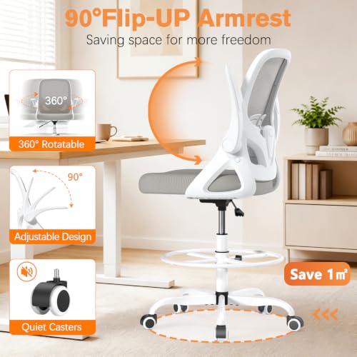 Image of ORRSAKER Drafting Chair, Tall Office Chair with Flip-up Arms, Mesh Ergonomic Computer Standing Desk Chair with Adjustable Height Foot Ring and Lumbar Support, 300 LBS Capacity, Gray