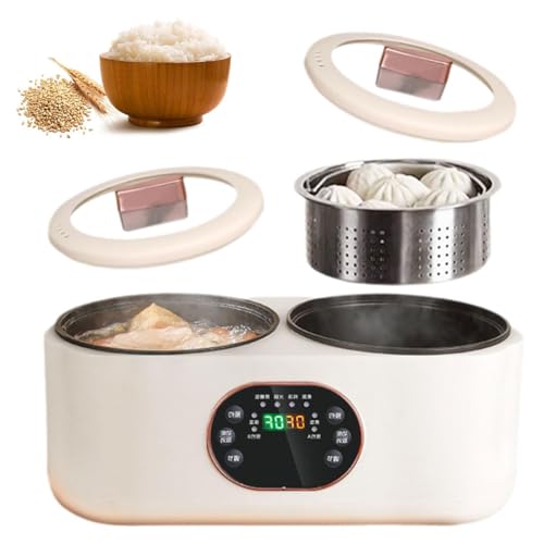 Double Slow Cooker, 1.8L+1.8L Rice Cooker with Double Pots, Double Spelling Low Sugar Rice Cooker, 6 Functions, with 1 Steel Cage, Can Be Scheduled and Keep Warm, Non-Stick Liner for Family Use