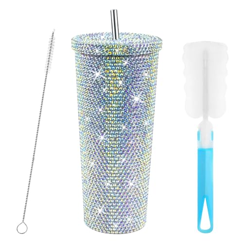 REFORUNG Copos de aço inoxidável com tampa e palha 750 ml, caneca de café térmica isolamento de parede dupla com purpurinas de diamante copo isolado de aço inoxidável com escovas para água leite sumo