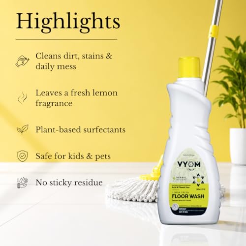 Image of Vyom India Floor Cleaning Liquid - 500ml | Safe for Infants, Kid & Pet | Plant-Based, Eco-Friendly Natural Disinfectant - Lemongrass & Cedarwood, Phenyl & Acid Free | Ideal For Floor, Tile, Marbles