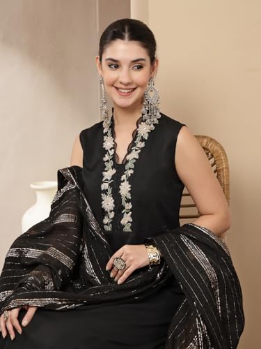 Image of Stylum Women's Solid & Embroidered Crepe A-Line Kurta with Dupatta