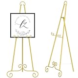 46' H Metal Round Tube Scroll Display Easel, Vintage Gold Decorative Large Adjustable Floor Standing Easel with Chain Support, Perfect for Showcasing Pictures, Artwork, Picture Frame Wedding Sign Etc