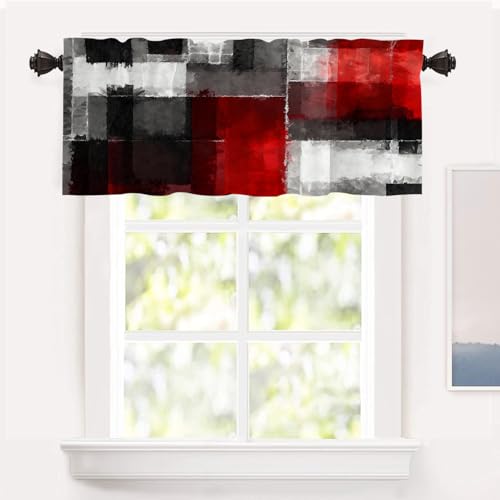 Shrahala Abstract Art Colorful Painting Blackout Short Curtains for Windows, Modern Art Black and Red Kitchen Valance Thermal Insulated Rod Pocket Window Treatment for Bathroom 52 X 18 in