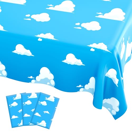 Image of 3 PCS Blue Sky and White Clouds Party Tablecloth, Cartoon Story Tablecloth, Disposable Plastic Rectangle Cartoon Table Cover for Boys Girls Baby Shower Picnic Birthday Party Decorations, 54x108 Inch