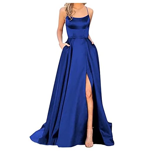 Blingko Robe Longue Femme en Satin élégante Sexy Dos Nu Fendue Spaghetti Sangle Couleur Unie Swing pour Bal Mariage Cocktail Robe de Soirée Longue Mariage Party Dress A2Marine XL