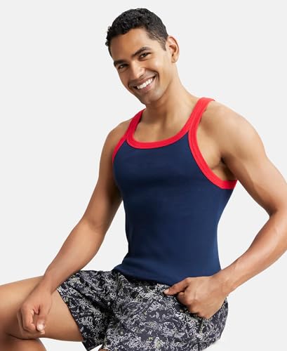 Image of Jockey US27 Men's Super Combed Cotton Rib Square Neck Gym Vest (Shoulder Strap Color May Vary) Navy & Red Pepper M