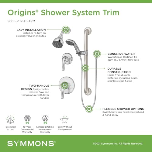 Symmons 9605-PLR-1.5-TRM-STN Origins 2-Handle 1-Spray Shower Trim with 1-Spray Hand Shower in Satin Nickel (Valves Not Included) by Symmons - Used condition - US$46.24