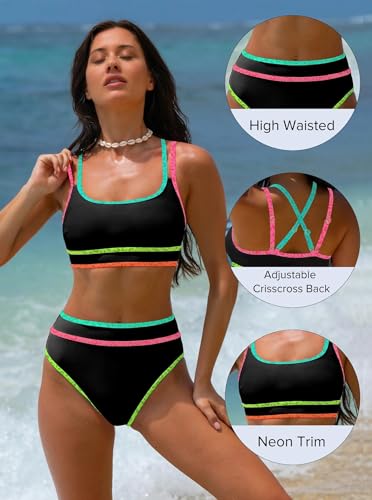 Image of popvil Women's High Waisted Bikini Sets 2026 Neon 2 Piece Swimsuit