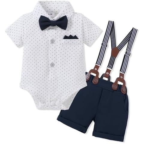 SANMIO Baby Boy Clothes Suits 0-24M Infant Gentleman Wedding Outfits, Short Sleeve Dress Romper Bowtie+Detachable Suspenders Cover