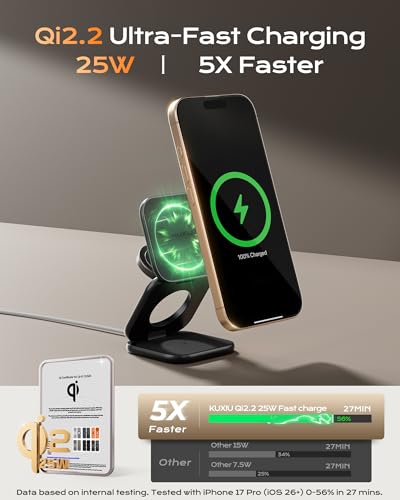 Image of KU XIU Qi2.2 25W Magnetic Wireless Charger, Foldable 3 in 1 Travel Charging Station for iPhone 17 /16 /15 /14 /13 /12, 5W for Apple Watch & AirPods, Aluminum Alloy Design, 45W GaN Adapter Included, Black