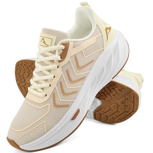 HARENCE Womens Sneakers Tennis Shoes: Comfortable Breathable Non Slip Athletic Walking Running Shoes for Gym Workout Cross Training Beige