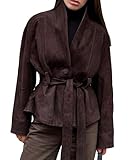 Antinson Womens Faux Suede Jacket with Belt Long Sleeve Button Down Belted Suede Leather Jacket Coats(-Brown-L)