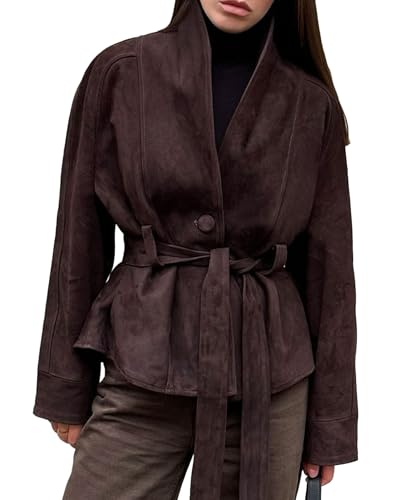 Womens Faux Suede Jacket with Belt Long Sleeve Button Down Belted Suede Leather Jacket Coats