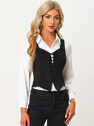 Allegra K Women's 2025 Vintage Faux Suede Vest Jacket Sweetheart Neck Sleeveless Lace Up Waistcoat Vest2