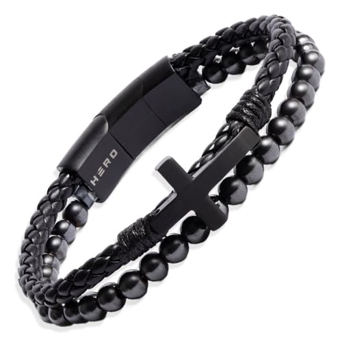 Hero Company Cross Bracelet for Men - FIDES Leather & Magnetic Titanium Bead Bracelet - Helps Pair Veterans With A Service Dog