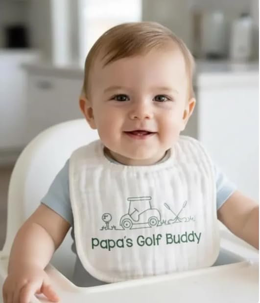 Papa's Golf Baby Bib, Golf Themed Muslin Bib with Adjustable Snap Closure, Off White, 8x8 Inches, Handmade Embroidered