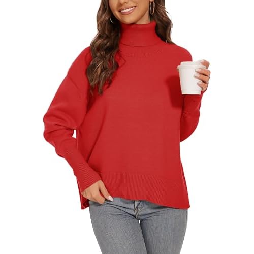 Women's Turtleneck Sweater Long Sleeve Casual Ribbed Pullover 2025 Fall Winter Loose Knit Jumper Top Red Medium