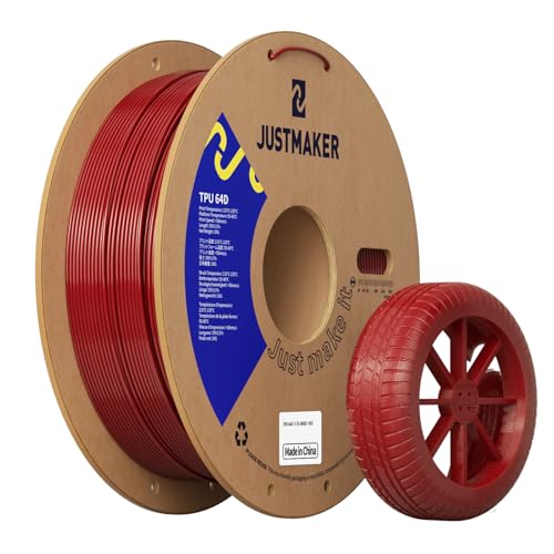JUSTMAKER TPU 64D 3D Printer Filament, Flexible Materials with Superior Performance, Upgrade Cardboard Spool, 1kg, Dimensional Accuracy +--0.05mm, 1.75mm, Dark Red