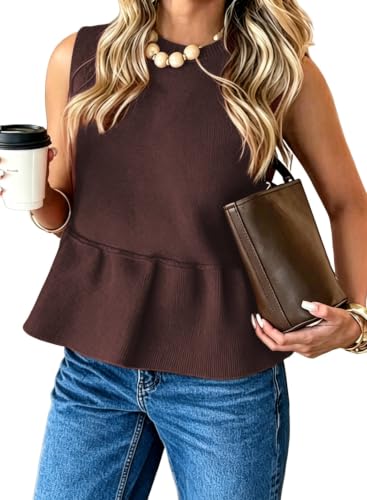 Pink Queen Women's Sleeveless Fall Tank Tops Peplum Sweater Vest Coffee，M